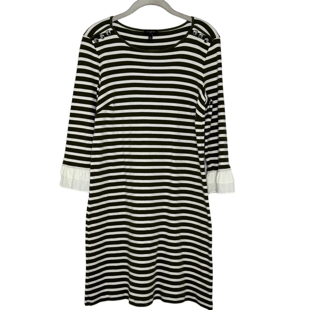 Talbots olive green & white strip cotton dress 3/4 bell cuff sleeves size MP
